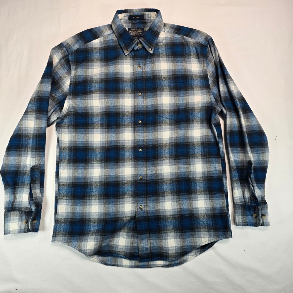 Pendleton Mason Mens Blue White Black Plaid Flannel Button Down Shirt M RA351